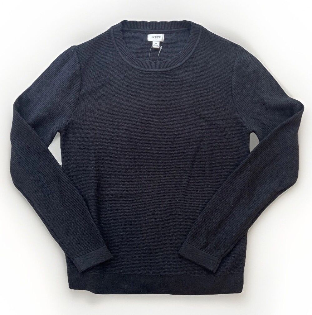 J Crew Womens Crew Neck Sweater Black Scalloped neckline XS